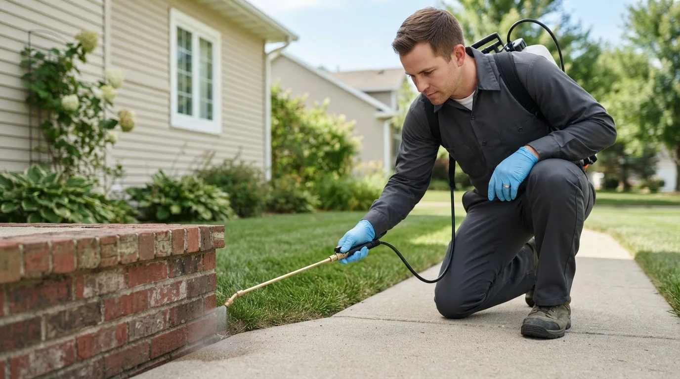 Pest control technician treating a home near Boston, IN